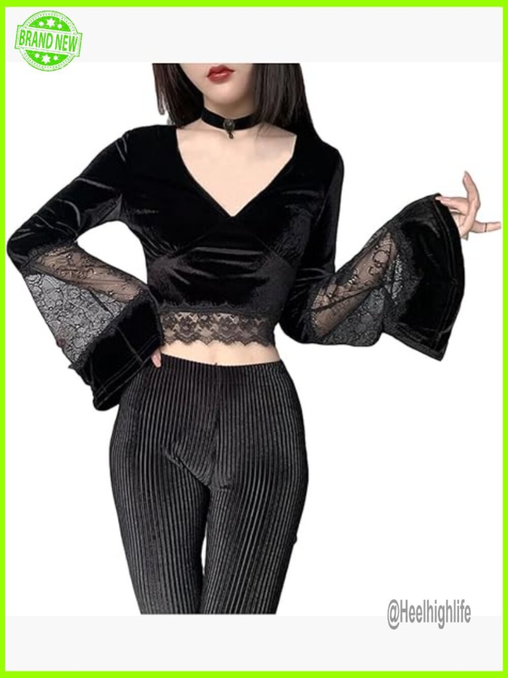 Gothic Velvet Lace Patchwork Crop Top - Long Sleeve V Neck Dark Style - Picture 1 of 7